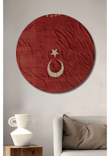 Türk Bayrağı Yağlı Boya Görünümlü Ahşap Dekoratif Tablo Yuvarlak Tablo