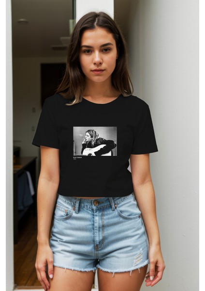 Kurt Cobain 1990 Crop Tişört - Siyah modelleri