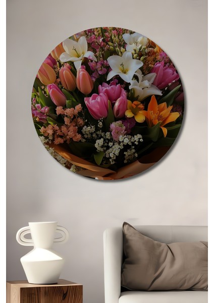 Renkli Lale ve Zambaak Buketi Sulu Boya Görünümlü Ahşap Dekoratif Tablo Yuvarlak Tablo