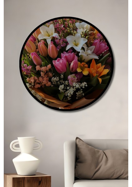 Renkli Lale ve Zambaak Buketi Sulu Boya Görünümlü Ahşap Dekoratif Tablo Yuvarlak Tablo fiyatları