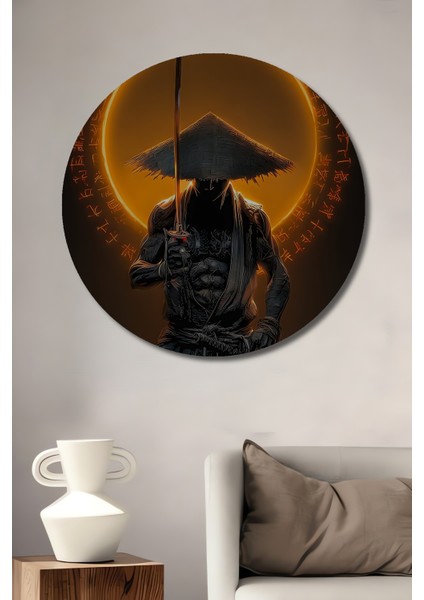 Samuray Savaşçısı Yağlı Boya Görünümlü Ahşap Dekoratif Tablo Yuvarlak Tablo