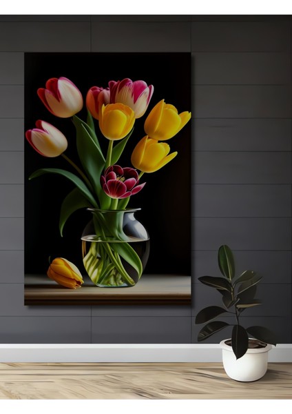 Renkli Lale Buketi Yağlı Boya Görünümlü Ahşap Dekoratif Tablo Dikdörtgen Tablo