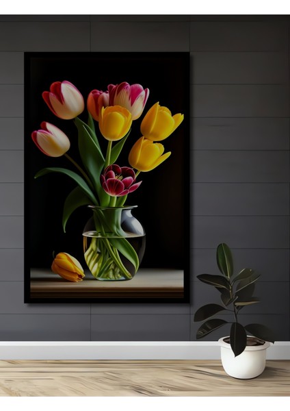 Renkli Lale Buketi Yağlı Boya Görünümlü Ahşap Dekoratif Tablo Dikdörtgen Tablo fiyatları