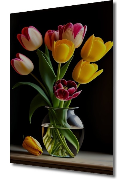 Renkli Lale Buketi Yağlı Boya Görünümlü Ahşap Dekoratif Tablo Dikdörtgen Tablo modelleri