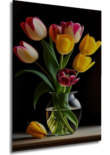 Renkli Lale Buketi Yağlı Boya Görünümlü Ahşap Dekoratif Tablo Dikdörtgen Tablo fırsatları