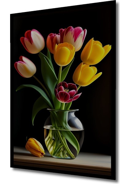 Renkli Lale Buketi Yağlı Boya Görünümlü Ahşap Dekoratif Tablo Dikdörtgen Tablo indirimleri