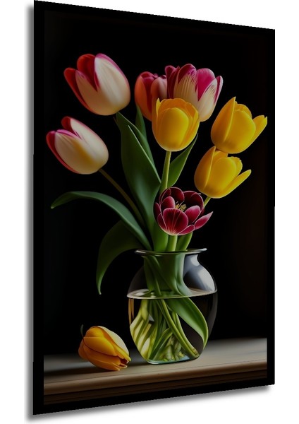Renkli Lale Buketi Yağlı Boya Görünümlü Ahşap Dekoratif Tablo Dikdörtgen Tablo