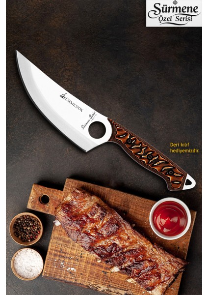 Sürmene Serisi Sivri Mutfak Şef Bıçağı Bıçak Kamp Bıçağı Deri Kılıflı Kahve Verzalit Sap HDS-125