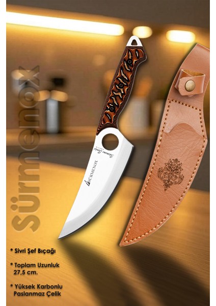 Sürmene Serisi Sivri Mutfak Şef Bıçağı Bıçak Kamp Bıçağı Deri Kılıflı Kahve Verzalit Sap HDS-125 fiyatları