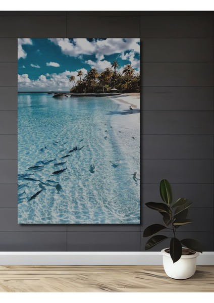 Masalsı Deniz Manzarası Ahşap Dekoratif Tablo Yağlı Boya Görünümlü Sanat Eseri Dikdörtgen Tablo