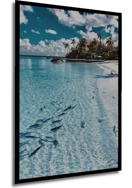 Masalsı Deniz Manzarası Ahşap Dekoratif Tablo Yağlı Boya Görünümlü Sanat Eseri Dikdörtgen Tablo