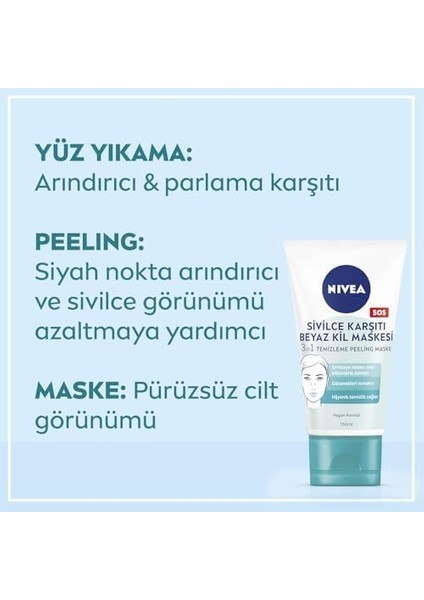 Nıvea Sivilce Karşıtı 3'ü 1 Arada Beyaz Kil Maskesi 150ML, Temizleme, Peeling, Siyah Nokta Arındırıcı, Gözenek Arındırıcı, Yüz Temizleyici, Pürüzsüzleştirici, Vegan Formül fiyatları
