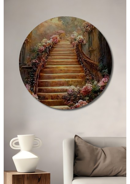 Romantik Ahşap Merdiven Tablo Yağlı Boya Görünümlü Ahşap Dekoratif Tablo Yuvarlak Tablo