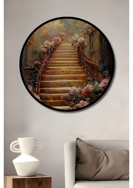 Romantik Ahşap Merdiven Tablo Yağlı Boya Görünümlü Ahşap Dekoratif Tablo Yuvarlak Tablo fiyatları