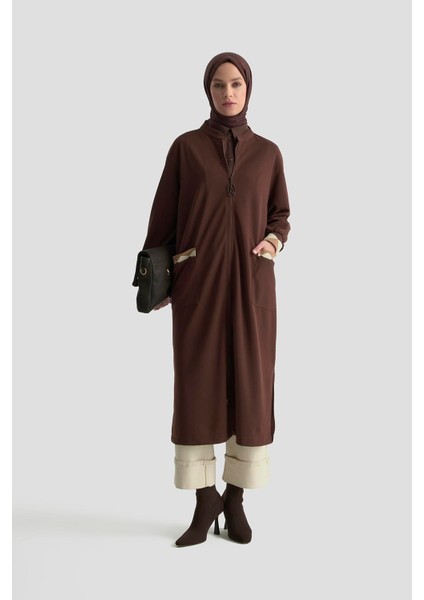 Boydan Fermuarlı Ribanalı Crep Giy Çık Kahverengi 25KT556