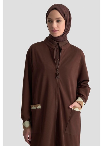 Boydan Fermuarlı Ribanalı Crep Giy Çık Kahverengi 25KT556 modelleri