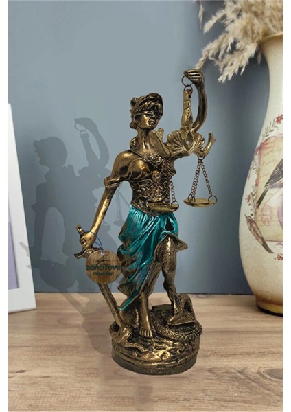 Dekoratif Obje Heykel Biblo Adalet Terazisi Heykeli Themis 20 cm Antik Gold