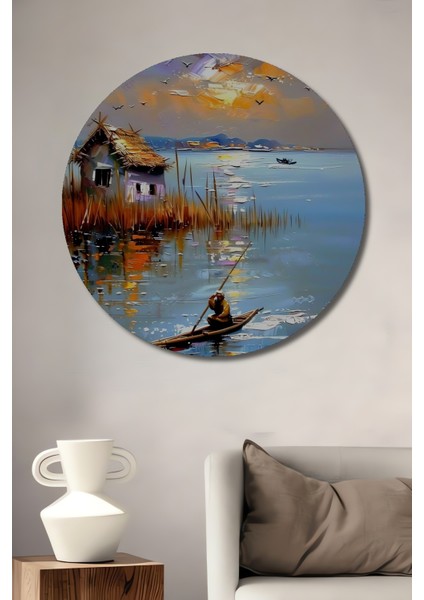 Gün Batımında Deniz Kenarında Balıkçı Yağlı Boya Görünümlü Dekoratif Ahşap Tablo Yuvarlak Tablo