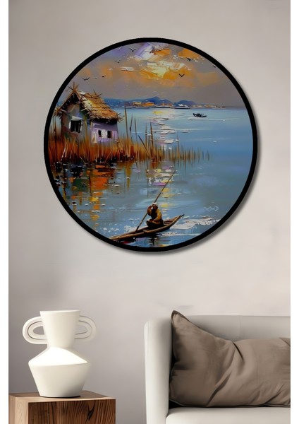 Gün Batımında Deniz Kenarında Balıkçı Yağlı Boya Görünümlü Dekoratif Ahşap Tablo Yuvarlak Tablo fiyatları
