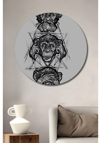 Üç Maymun Kara Kalem Görünümlü Modern Sanat Ahşap Dekoratif Tablo Yuvarlak Tablo