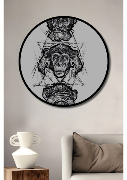 Üç Maymun Kara Kalem Görünümlü Modern Sanat Ahşap Dekoratif Tablo Yuvarlak Tablo fiyatları