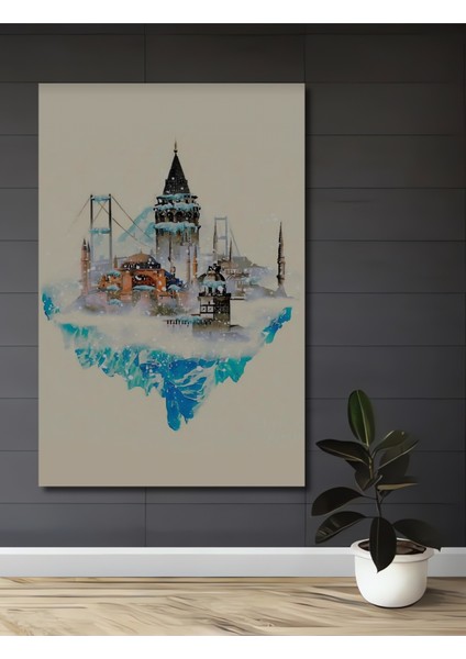Istanbul Silüeti Sulu Boya Görünümlü Ahşap Dekoratif Tablo Dikdörtgen Tablo
