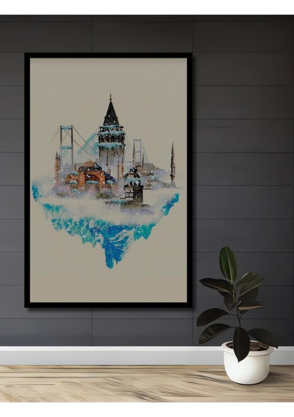 Istanbul Silüeti Sulu Boya Görünümlü Ahşap Dekoratif Tablo Dikdörtgen Tablo fiyatları