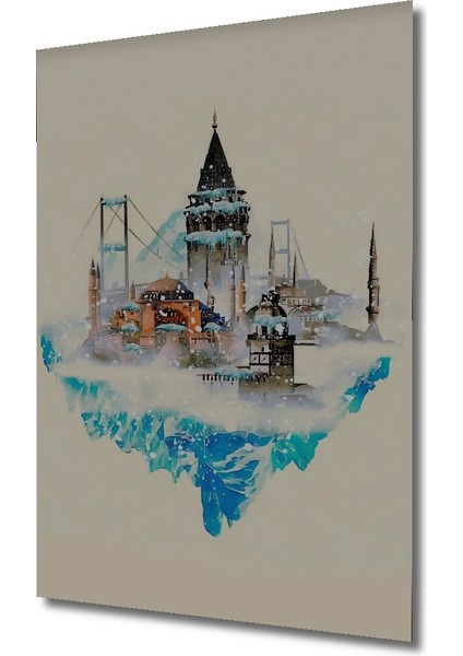 Istanbul Silüeti Sulu Boya Görünümlü Ahşap Dekoratif Tablo Dikdörtgen Tablo modelleri