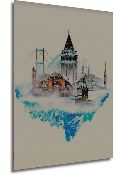 Istanbul Silüeti Sulu Boya Görünümlü Ahşap Dekoratif Tablo Dikdörtgen Tablo fırsatları