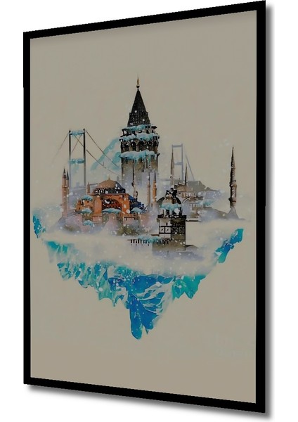 Istanbul Silüeti Sulu Boya Görünümlü Ahşap Dekoratif Tablo Dikdörtgen Tablo indirimleri