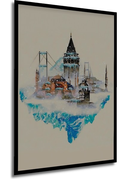 Istanbul Silüeti Sulu Boya Görünümlü Ahşap Dekoratif Tablo Dikdörtgen Tablo