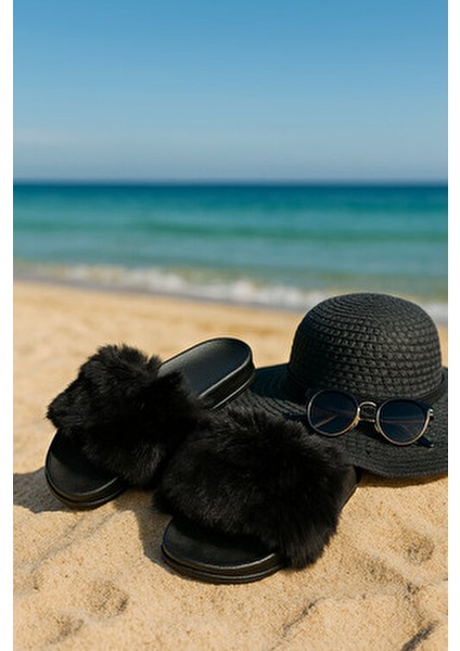 Tüylü Kadın Terlik Anatomik Taban Dış Mekan Ev Içi Çeyiz Misafir Terliği