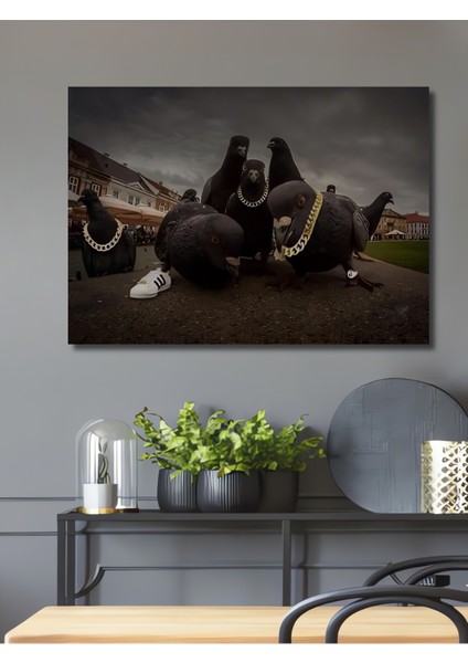 Gold Zincir Güvercin Sürüsü Yağlı Boya Görünümlü Ahşap Dekoratif Tablo Dikdörtgen Tablo