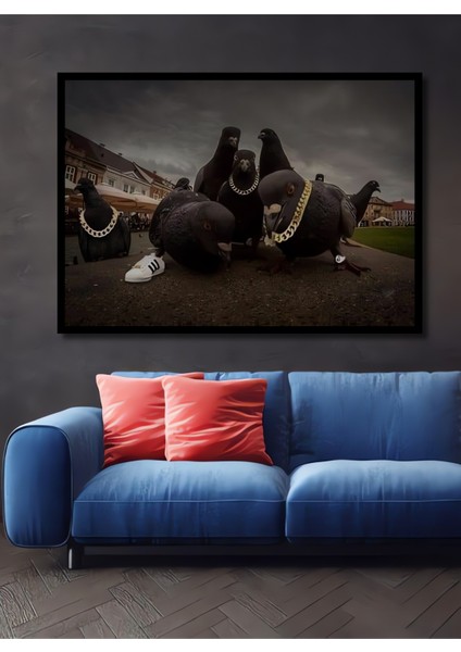 Gold Zincir Güvercin Sürüsü Yağlı Boya Görünümlü Ahşap Dekoratif Tablo Dikdörtgen Tablo fiyatları