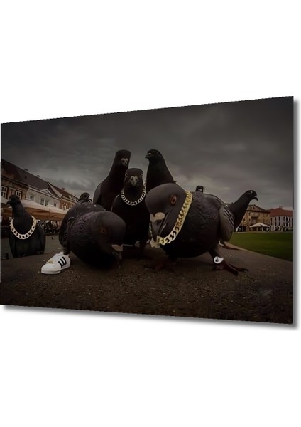 Gold Zincir Güvercin Sürüsü Yağlı Boya Görünümlü Ahşap Dekoratif Tablo Dikdörtgen Tablo modelleri