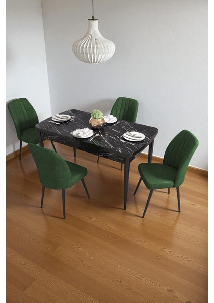 Bara Siyah Mermer 80X132 Açılabilir Sunta Masa Yemek Odası Takımı, Mutfak Takımı 4 Adet Sandalye