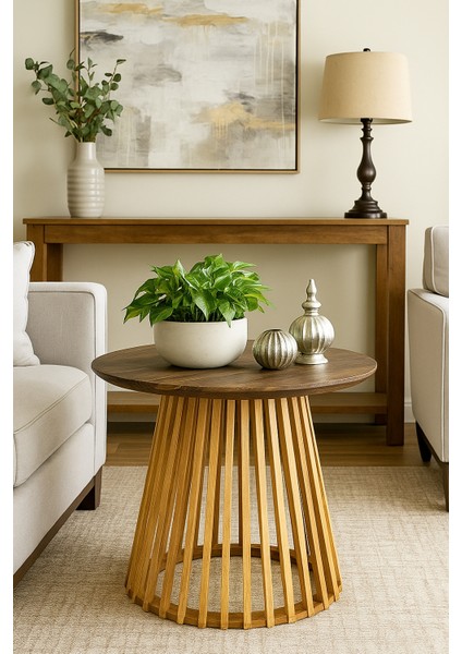 Palermo Yuvarlak Modern Klasik Rustik Retro Vintage Naturel Dekoratif Ahşap Çıtalı Yan Mantar Sehpa