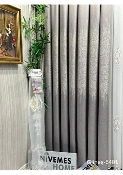 Güneş Saten Fon Perde 1/3 Sık Pileli Geometrik Desenli Gri Renk Salon Kullanımı İçin