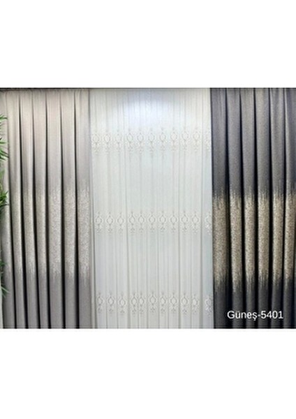 Güneş Saten Fon Perde 1/3 Sık Pileli Geometrik Desenli Gri Renk Salon Kullanımı İçin