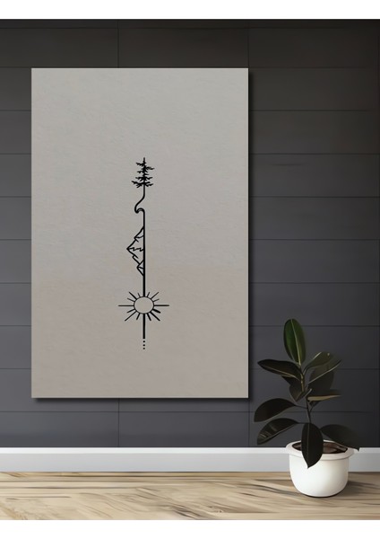 Minimalist Kara Kalem Görünümlü Dağ Ağaç Güneş Ahşap Dekoratif Tablo Dikdörtgen Tablo