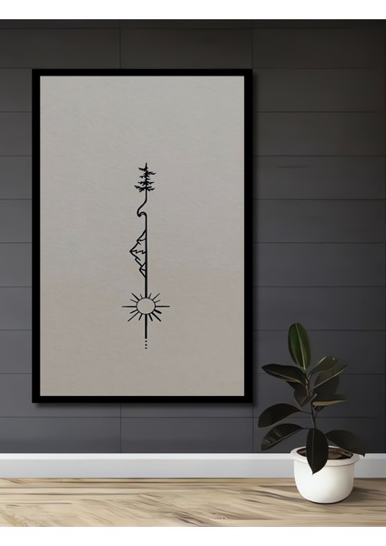 Minimalist Kara Kalem Görünümlü Dağ Ağaç Güneş Ahşap Dekoratif Tablo Dikdörtgen Tablo fiyatları