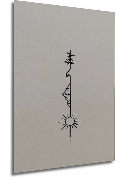 Minimalist Kara Kalem Görünümlü Dağ Ağaç Güneş Ahşap Dekoratif Tablo Dikdörtgen Tablo fırsatları