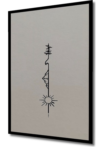 Minimalist Kara Kalem Görünümlü Dağ Ağaç Güneş Ahşap Dekoratif Tablo Dikdörtgen Tablo indirimleri