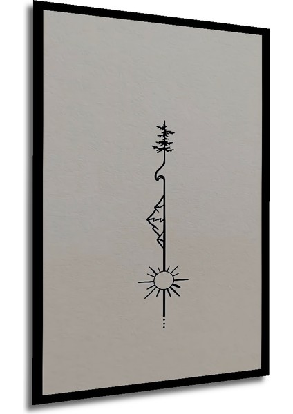 Minimalist Kara Kalem Görünümlü Dağ Ağaç Güneş Ahşap Dekoratif Tablo Dikdörtgen Tablo