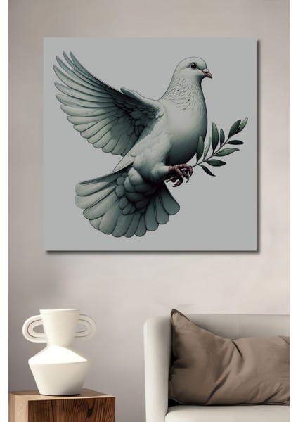 Beyaz Güvercin Yağlı Boya Görünümlü Ahşap Dekoratif Tablo Dikdörtgen Tablo