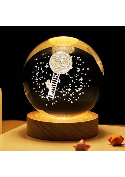 Dekoratif Merdivenli Astronot ve Ay Tasarımlı Ahşap Altlıklı Işıklı Cam Küre Cam:6cm Ahşap:2cm ( Lisinya )