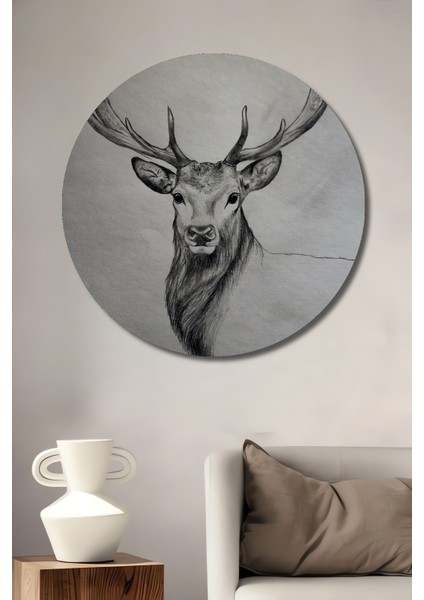 Görkemli Geyik Kara Kalem Görünümlü Dekoratif Ahşap Tablo Yuvarlak Tablo