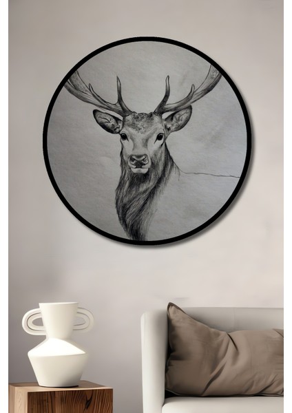 Görkemli Geyik Kara Kalem Görünümlü Dekoratif Ahşap Tablo Yuvarlak Tablo fiyatları