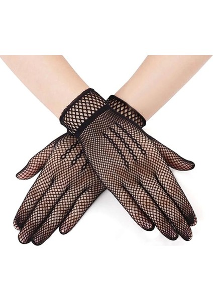 Siyah Renk Likralı File Eldiven Parmaklı Örgü Eldiven Yetişkin Boy - Lisinya