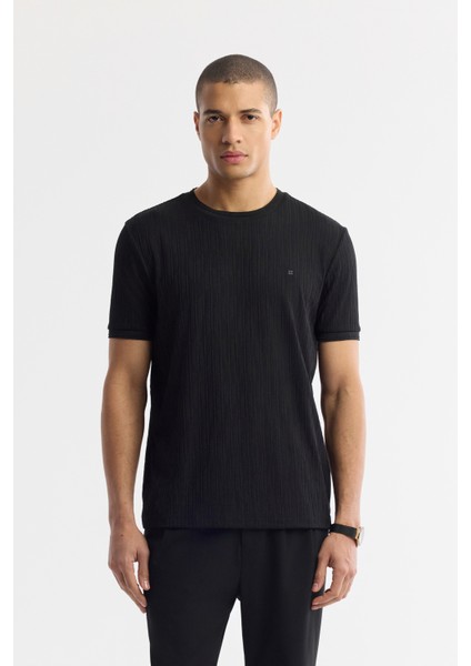 Erkek Siyah Bisiklet Yaka Jakarlı Elastan Regular Fit T-Shirt A51Y1035